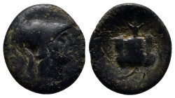 PAMPHYLIA, Side. 1st century BC. Æ (17mm, 3.5 g). Helmeted head of Athena right / Pomegranate.