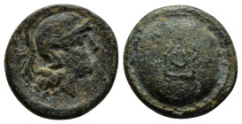Pamphylia, Aspendos Æ (17mm, 4.7 g). Late 4th-3rd century BC. Helmeted head of Athena to right. / Shield decorated with ΠO monogram.