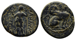 Pamphylia, Perge. Circa 260-230 B.C. AE (18mm, 4.1 g). ИANAΨAΣ / ΠPEIIAΣ, Artemis standing facing, head left, holding wreath and scepter. / Sphinx wit...