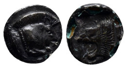 MYSIA. Kyzikos AR (10mm, 1.0 g) fourree diobol, ca 525-475 BC Forepart of boar to left, a tunny on right. RevŁ Head of a roaring lion facing to left, ...