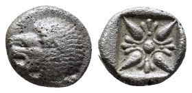 Ionia, Miletos AR Diobol. (10mm, 1.3 g) Circa 520-450 BC. Forepart of lion right, head left / Stellate design within incuse square.