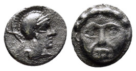 Pisidia, Selge AR Obol. (9mm, 0.9 g) 350-300 BC. Helmeted head of Athena right. / Facing gorgoneion.