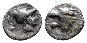PAMPHYLIA. Side. (3rd-2nd centuries BC). AR Obol. (9mm, 0.5 g) Obv: Helmeted head of Athena right. Rev: Head of lion left with open mouth.