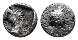 PAMPHYLIA, Side. Circa 460-430 BC. AR Obol (8mm, 0.7 g) Obv: Helmeted head of Athena right within incuse square. Rev: Pomegranate.