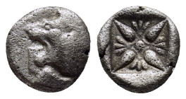 Ionia, Miletos AR Diobol. (9mm, 1.1 g) Circa 520-450 BC. Forepart of lion right, head left / Stellate design within incuse square.