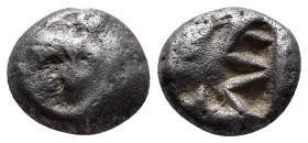 Mysia, Parion, 5th century BC. AR Drachm (13mm, 3.8 g). Gorgoneion facing with protruding tongue. R/ Incuse punch of rough cruciform design.