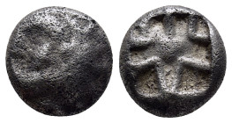Mysia, Parion, 5th century BC. AR Drachm (12mm, 3.7 g). Gorgoneion facing with protruding tongue. R/ Incuse punch of rough cruciform design.