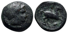 KINGS OF MACEDON. Philip II (359-336 BC). Ae. (17mm, 6.3 g) Uncertain mint in Macedon. Obv: Diademed head of Apollo right. Rev: Naked youth on horse r...