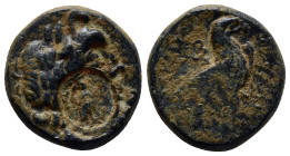 Phrygia. Amorion circa 200-0 BC. Sokrates and Aristeides, magistrates Bronze Æ (19mm, 7.4 g) Laureate head of Zeus right, c/m: KP, owl standing right,...