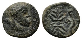 PISIDIA. Selge. Ae (12mm, 1.6 g) (2nd-1st centuries BC). Obv: Head of Herakles right, with club over shoulder. Rev: Σ - Ε - Λ. Thunderbolt and arc ter...