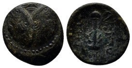 CARIA, Mylasa. Eupolemos. Circa 295-280 BC. Ae (17mm, 3.3 g) Three overlapping Macedonian shields, the outer two with spearheads on bosses / Sword in ...