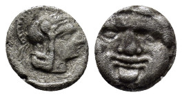 Pisidia, Selge. AR Obol. (9mm, 1.0 g) 3rd Century BC. Helmeted head of Athena right. / Facing head of Gorgoneion.