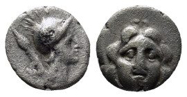 Pisidia, Selge AR Obol. Circa 350-300 BC. (9mm, 1.0 g) Helmeted head of Athena to right, spear over shoulder. / Facing gorgoneion.