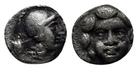 Pisidia, Selge. AR Obol. (9mm, 0.9 g) 3rd Century BC. Helmeted head of Athena right, astragal behind. / Facing head of Gorgoneion.