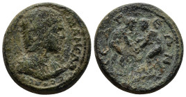 Pisidia. Selge. Julia Mamaea AD 222-235. Bronze Æ (23mm, 12.6 g) ΟΥΛΙΑ ΜΑΜƐΑΝ ϹƐΒ; draped bust of Julia Mamaea, r. / ϹƐΛΓƐΩΝ; two wrestlers fighting e...