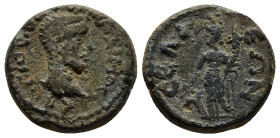 PISIDIA. Selge. Maximus (235-238). Ae. (18mm, 4.6 g) Γ ΙΟΥ ΟΥΗ ΜΑΞΙΜΟϹ Κ ϹƐΒ; bare head of Maximus, r. / ϹƐΛΓƐΩΝ; Tyche standing facing, head l., wear...