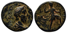 Pamphylia. Perge. Commodus AD 180-192. Bronze Æ (19mm, 5.6 g) Laureate-headed bust of Commodus wearing cuirass and paludamentum, r. / Artemis walking ...