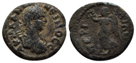 PAMPHYLIA, Perge. Caracalla. AD 198-217. Æ (17mm. 3.8 g). Laureate, draped, and curiassed bust right. / Nike advancing l., holding wreath and palm-bra...