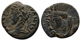 MESOPOTAMIA. Elagabalus, 218-222. Ae (17mm, 3.3 g). Laureate head of Elagabalus to left. Rev. Veiled, turreted and draped bust of Tyche to left.