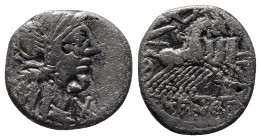 M. Fannius 123 BC. Rome Denar AR (16mm, 3.8 g). Helmeted head of Roma right; X (mark of value) below chin / Victory driving galloping quadriga right, ...