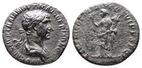 Trajan (AD 98-117). AR denarius (17mm, 2.8 g). Rome, AD 114-117. IMP CAES NER TRAIAN OPTIM AVG GERM DAC, laureate, draped bust of Trajan right, seen f...