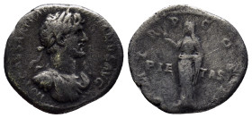 Hadrian AR Denarius. (18mm, 2.7 g) Rome, AD 118. IMP CAESAR TRAIAN HADRIANVS AVG, laureate, draped and cuirassed bust right / P M TR P COS II, Pietas,...