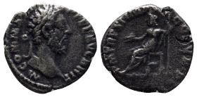 Commodus AR Denarius. (16mm, 2.4 g) Rome, AD 185. M COMM ANT P FEL AVG BRIT, laureate head right / P M TR P XI IMP VII COS V P P, Jupiter seated left,...