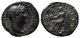 Hadrian AD 117-138. Rome Denarius AR (18mm, 3.0 g) HADRIANVS AVGVSTVS P P, laureate head, with slight drapery on his left shoulder right / COS III, Vi...