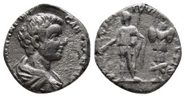 Geta (Caesar, 198-209). AR Denarius (15mm, 2.8 g). Rome, 200-5. Bareheaded and draped bust r. R/ Geta standing l., holding baton and sceptre; trophy t...