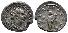 Trajan Decius. AD 249-251. AR Antoninianus (22mm, 3.3 g). Rome mint, AD 250. Radiate, draped, and cuirassed bust right / VBERITAS AVG, Uberitas standi...