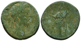 Marcus Aurelius AD 161-180. Rome Sestertius Æ (28mm, 19.5 g). Laureate head right / Felicitas (?) standing left, holding sceptre and caduceus, S C acr...