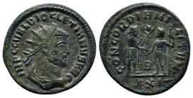 Diocletian BI Antoninianus. (22mm, 3.8 g) Siscia, AD 293-295. IMP C C VAL DIOCLETIANVS P AVG, radiate, draped and cuirassed bust right / CONCORDIA MIL...