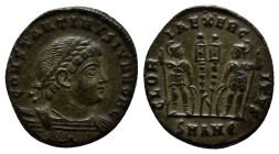 Constantinus II AD 316-337. Antioch Nummus Æ (17mm, 2.4 g). CONSTANTINVS IVN NOB C, laureate and cuirassed bust right / GLORIA EXERCITVS, two soldiers...