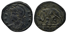 Constantine I. City Commemorative. Circa 335-337. AE follis (17mm, 2.3 g). VRBS ROMA, crested and helmeted bust of Roma left wearing imperial mantle /...