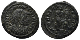 Licinius I AD 308-324. Rome Follis Æ (20mm, 2.9 g). IMP LI-CINIVS AVG, helmeted and cuirassed bust right / ROMAE AETERNAE, Roma seated right, shield o...