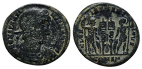 Constantine I (307/310-337). Æ Follis (18mm, 2.5 g). Constantinople, 330-3. Rosette-diademed, draped and cuirassed bust r. R/ Two soldiers flanking tw...