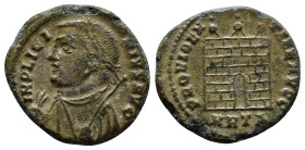 Licinius I AD 308-324. Heraclea Follis Æ (18mm, 2.5 g) IMP LICINIVS AVG, laureate and draped bust to left, holding globe, sceptre and mappa / PROVIDEN...