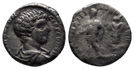 Geta (Caesar, 198-209). AR Denarius (16mm, 2.6 g). Rome, 200-5. Bareheaded and draped bust r. R/ Geta standing l., holding baton and sceptre; trophy t...