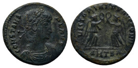 Constans Æ Nummus. (16mm, 1.8 g) Thessalonica, AD 340-350. CONSTANS P F AVG, laureate and rosette diademed, draped and cuirassed bust right / VICTORIA...