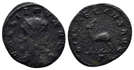 Gallienus Æ Antoninianus. (19mm, 2.6 g) Rome, AD 267-268. GALLIENVS AVG, radiate head right / DIANAE CONS AVG, Stag standing left; Γ in exergue.
