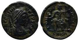 Gratian. AD 367-383. Æ (18mm, 2.6 g). Cyzicus mint, 1st officina. Pearl-diademed, draped, and cuirassed bust right / Roma enthroned facing, head left,...