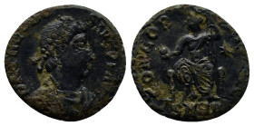 Theodosius I. AD 379-395. Follis Æ (16mm, 2.3 g). D N THEODOSIVS P F AVG, diademed, draped and cuirassed bust right / CONCORDIA AVGGG, Roma seated fac...