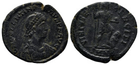 Valentinian II. A.D. 375-392. AE Majorina (24mm, 4.5 g). Nicomedia mint, struck A.D. 387-392. D N VALENTINIANVS P F AVG, pearl-diademed draped and cui...