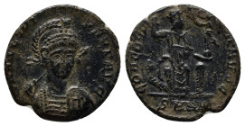 Arcadius. AD 383-408. Æ Follis (17mm, 2.4 g). Nicomedia mint, 1st officina. Struck AD 401-403. Pearl-diademed, helmeted, and cuirassed bust facing sli...