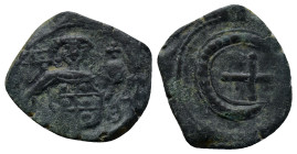 EMPIRE OF NICAEA. John III Ducas (Vatatzes) (1222-1254 AD). AE, (19mm, 2.8 g) Tetarteron. Magnesia. Obv: Half-length facing bust of John, holding laba...