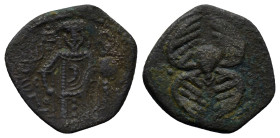 John III of Nicaea AD 1222-1254. Magnesia Tetarteron Æ (18mm, 2.1 g). John standing facing, holding labarum and globus cruciger. / Facing head of cher...