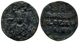 NICEPHORUS II PHOCAS (963-969 AD). AE (25mm, 4.7 g) overstruck on anonymous follis. Constantinople. Obv: nICIFR bASILEV RW. Facing bust of Romanus I w...