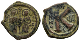 Justin II and Sophia (565-578 AD) Theoupolis (Antioch) AE Half Follis (25mm, 7.2 g) Obv: Justin, on left, and Sophia, on right, seated facing on a dou...