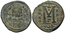 Justinian I (547/8 AD) Theoupolis (Antioch) AE Nummi (36mm, 18.5 g) Obv: D N IVSTINIANVS P P AVI, helmeted and cuirassed bust facing, holding globus c...