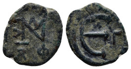 Justin II AD 565-578. Nikomedia Pentanummium Æ (14mm, 1.7 g) Monogram of Justin II / Large E; Γ in right field.